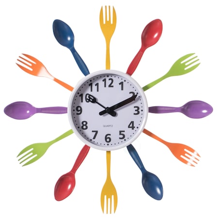 Quickway Imports Decorative 3D Cutlery Utensil Spoon and Fork Wall Clock for Kitchen, Playroom or Bedroom, Multicolor QI004149.MC
